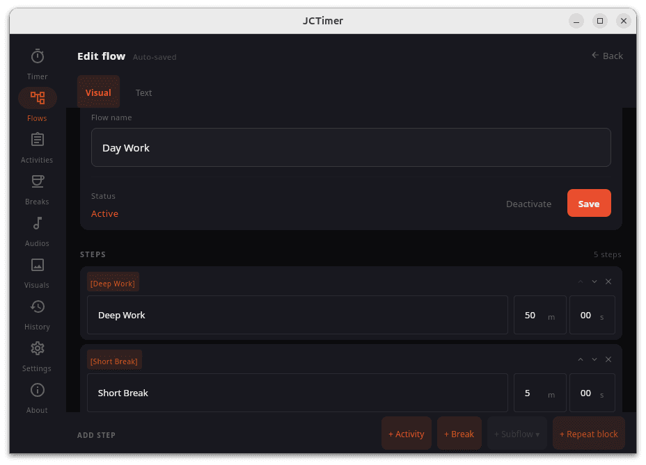 JCTimer Desktop flow editor with a multi-step focus routine