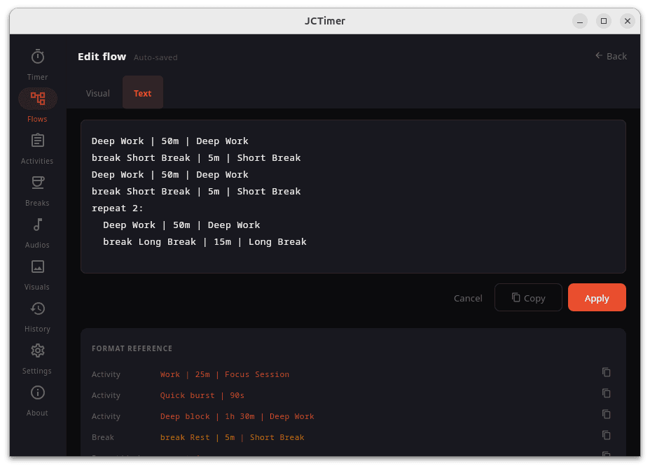 JCTimer Desktop preset editor showing activity template settings