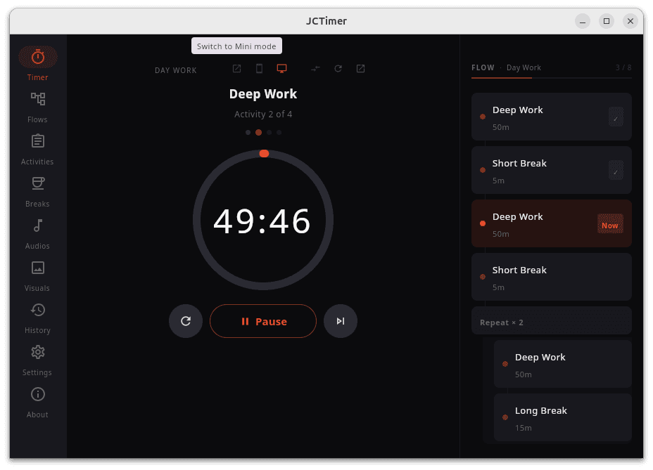 JCTimer Desktop with a running flow and the activity queue visible
